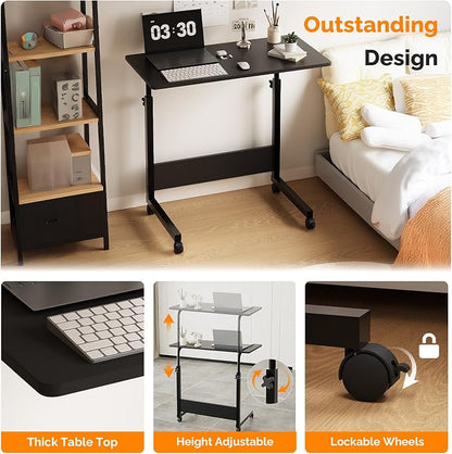 VINGLI Portable Computer Workstation, Standing Desk Adjustable Height, Small Computer Desk w/Rolling, Sit Stand Laptop Desk TV Tray for Bed Sofa Hospital Reading Eating, Black, 31.5"