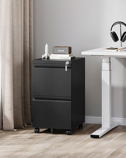PEUKC 2 Drawer File Cabinet with Lock, Metal Under Desk Rolling Filing Cabinet fits Letter/Legal/A4 Size for Home Office, Mobile Filing Cabinets, Assemble Required, Black