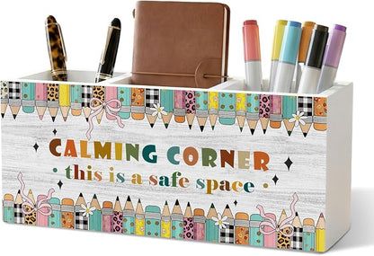 Boho Classroom Pencil Pen Holder for Desk Organizer, Reading Nook Corner Decor, Calming Corner Reading Wooden Box Decorations for Home Office Classroom Desk Tabletop Nursery Toddler Decor