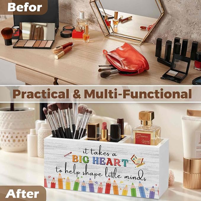 Teacher Appreciation Gifts Pencil Pen Holder for Desk Organizer, Thank You Gifts for Teachers Women Men Wooden Box Decorations for Home Office Classroom Desk Tabletop Decor