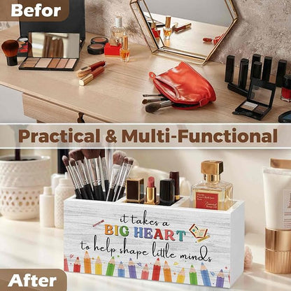 Teacher Appreciation Gifts Pencil Pen Holder for Desk Organizer, Thank You Gifts for Teachers Women Men Wooden Box Decorations for Home Office Classroom Desk Tabletop Decor