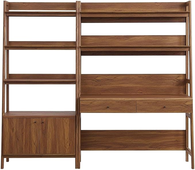 Modway 2-Piece Home Office Desk and Bookshelf Display Case in Walnut