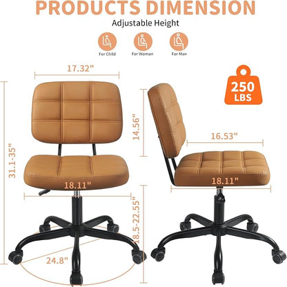 Armless Home Office Desk Chair - Small Swivel Office Desk Chairs with Rolling Wheels - Height Adjustable PU Leather Computer Chair with Comfy Low Back - For Small Space, Bedroom, Home, Vanity- Brown