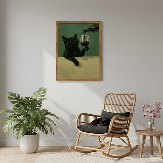 Funny Black Cat Wall Art 12x16 Inch Moody Black Cat with Wine Glass Canvas Wall Decor Whimsical Animal Bar Cart Poster Canvas Prints for Bathroom Kitchen Bar Wood Framed