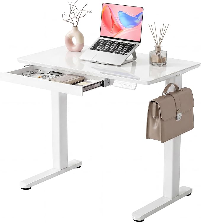 INNOVAR Glass Standing Desk with Drawers, 32×19 Inch Adjustable Stand Up Desk, Quick Install Home Office Computer Desk, White
