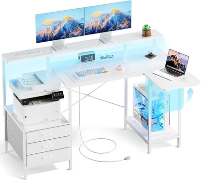 HLDIRECT 55 Inch Computer Desk for Home Office, Gaming Computer Desk with Printer Shelf, Storage Drawers, Power Outlets, Monitor Stand & LED Strip, Foldable L Shaped Gaming Table (White)