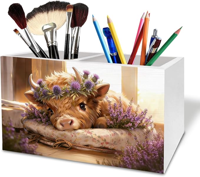 Spring Thistle Lavender Highland Cow Pen Holder for Desk, Highland Cow Gifts Wooden Box Sign Desk Decor for Home Office Decoration, Cottagecore Flower Heifer Pencil Organizer