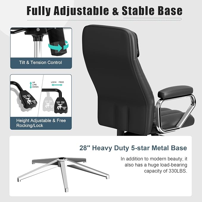 Okeysen Executive Office Chair, Modern Leather Chair with Headrest & Lumbar Support, High Back Ergonomic Chair with Padded Armrests & Seat, Height Adjustable Swivel Rolling Chair for Home Office.
