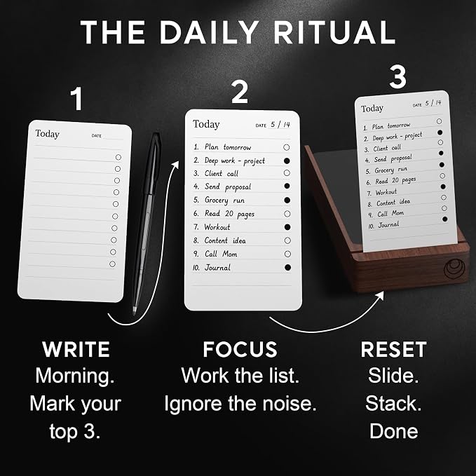 Daily Planner To Do List Notepad - Checklist & Goal Cards for ADHD Focus - Walnut Display + Planner Cards