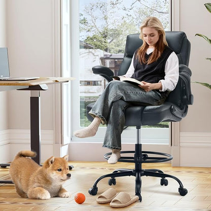 Drafting Chair Tall Office Chair for Standing Desk, Ergonomic Tall Desk Chair with Adjustable Foot Ring, Flip-Up Armrests, Lumbar Support, Comfortable Leather Seat – Ideal for Home and Office Use