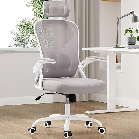 Farini Ergonomic Office Chair, Home Office Desk Chair with Headrest, High Back Swivel Computer Chair with Armrests and Adjustable Lumbar Support for Home Office Study Room, White & Grey