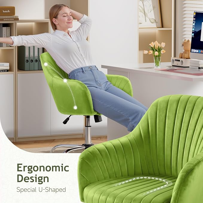 Warmiehomy Velvet Desk Chair for Home Office, Modern Swivel Task Chair, Women Vanity Chairs with Arm Rest for Bedroom Dressing Room, Velvet Moss Green