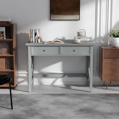 Lewahom Computer Desk with 2 Drawers, Elegant Home Office Writing Study Desk with Storage, Modern Simple Vanity Desk Console Table for Living Room, Grey