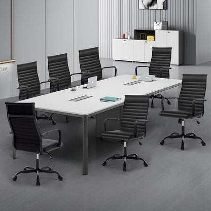 Conference Room Chairs, Ergonomic Executive Office Chair, Ribbed Leather Desk Chair with Lumbar Support, Adjustable Height Mid-Back Swivel Chair with Padded Seat