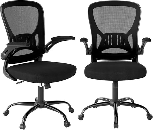 Youhauchair Office Chair Set of 2, Ergonomic Home Office Desk Chairs with Flip-up Arms and Lumbar Support, Height Adjustable, Black