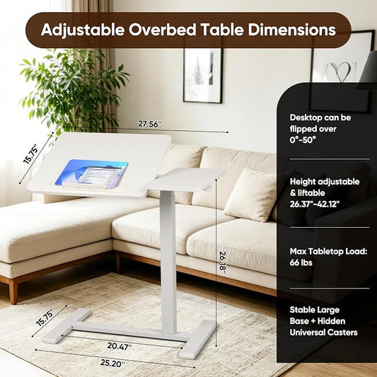 Adjustable Overbed Table with Tilt Board & Wheels, Rolling Bedside Laptop Desk for Hospital Bed Home Office, Height Adjustable Bed Table Tray for Eating Working Reading, 26.18"-42.12" (White)