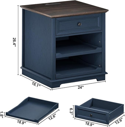 REDAYFUR Lateral File Cabinet 3 Drawer File Cabinet with Charging Station, Printer Stand with Open Adjustable Storage Shelves, Lateral Filing Cabinet for Home Office, Blue