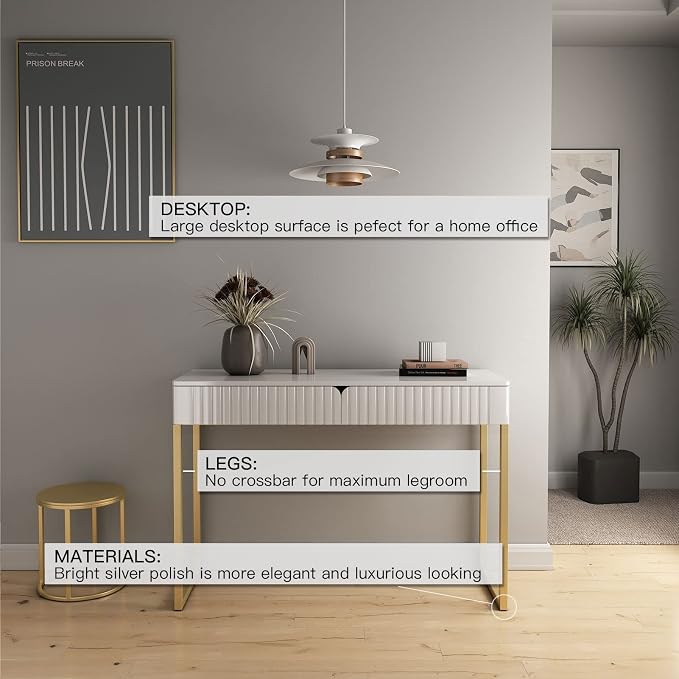 Tamworth Design Elegant Modern Desk, 2 Drawers, Gold Legs, 43.3x15.75 inches, Home Office, Makeup Vanity, Computer, Writing, Study, Entryway, Sofa Table