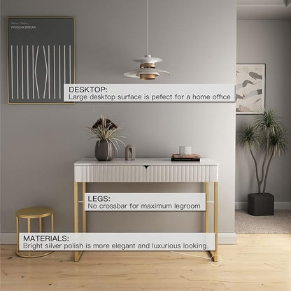 Tamworth Design Elegant Modern Desk, 2 Drawers, Gold Legs, 43.3x15.75 inches, Home Office, Makeup Vanity, Computer, Writing, Study, Entryway, Sofa Table