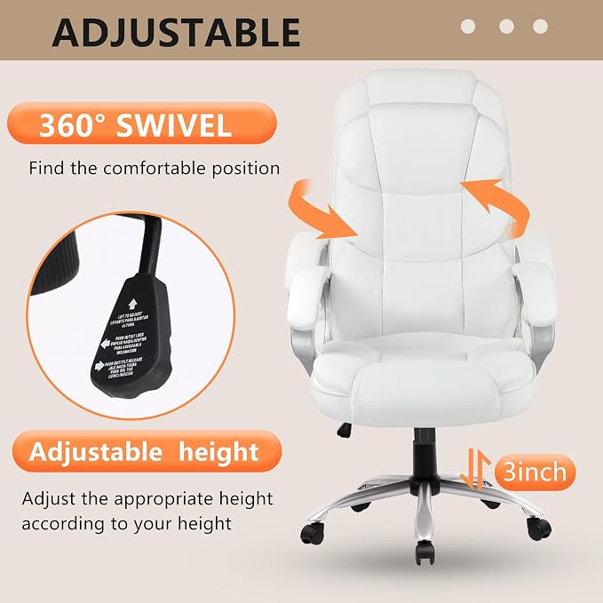 FDW Office Chair Computer High Back Adjustable Ergonomic Desk Chair Executive PU Leather Swivel Task Chair with Armrests Lumbar Support (Beige)