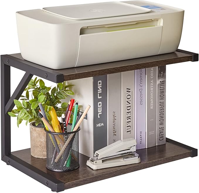 IBUYKE 2-Tier Desktop Printer Stand Holder, Multi-Purpose Desk Organizer Storage Shelf, Book Shelf Printer Shelf for Fax Machine, Scanner, Files, Books, Dark Grey UTLJ004G