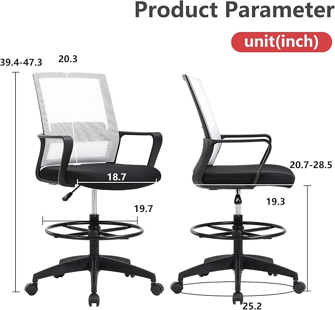 BestOffice Drafting Chair Tall Office Chair Adjustable Swivel Rolling Mesh Height with Lumbar Support Arms Footrest Mid Back for Adults Standing Desk Drafting Stool (Beige)