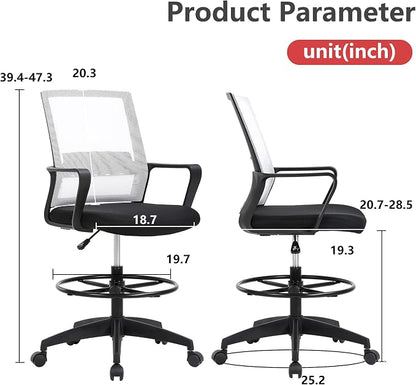 BestOffice Drafting Chair Tall Office Chair Adjustable Swivel Rolling Mesh Height with Lumbar Support Arms Footrest Mid Back for Adults Standing Desk Drafting Stool (Beige)