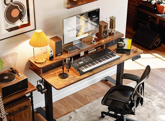 BANTI 55x24 Inch Electric Standing Desk with Dual Drawers, Height Adjustable Stand Up Table, Sit Stand Home Office Desk with Storage Shelf, Black Frame/Rustic Brown Top
