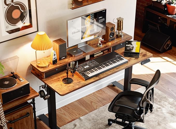 BANTI 63x28 Inch Electric Standing Desk with Dual Drawers, Stand Up Table with Storage, Adjustable Height, Deeper Wider Desktop, Black Frame/Rustic Brown Top