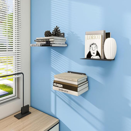 FENTEC Floating Book Shelves for Wall, Wall Mounted Invisible Floating Bookshelf, Heavy-Duty Hanging Bookshelves, Hidden Book Shelf Metal Wall Book Holder for Bedroom Home Office, 6-Pack Black