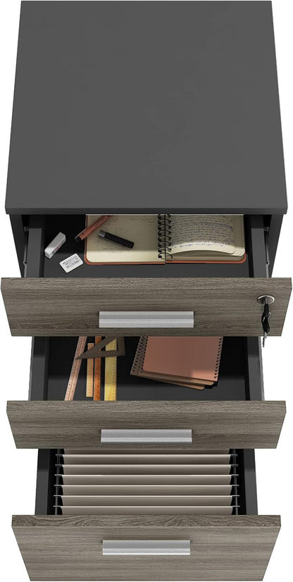 Modern Design Lazio File Cabinet, Filing Cabinets for Home Office, Drawers for Under Desk, Locking 3 Drawer Rolling Wood Filing Cabinet with Lock, Black and Grey, by Crafts and Comfort