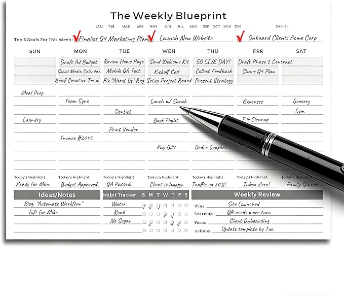 Undated Weekly Planner Pad (8.5"x11") | Productivity Desk Notepad for Focus & Planning | 3-Goal Weekly System for Deep Work | ADHD-Friendly Minimal Layout | Habit Tracker & Weekly Review | 52 Tear-Off Sheets