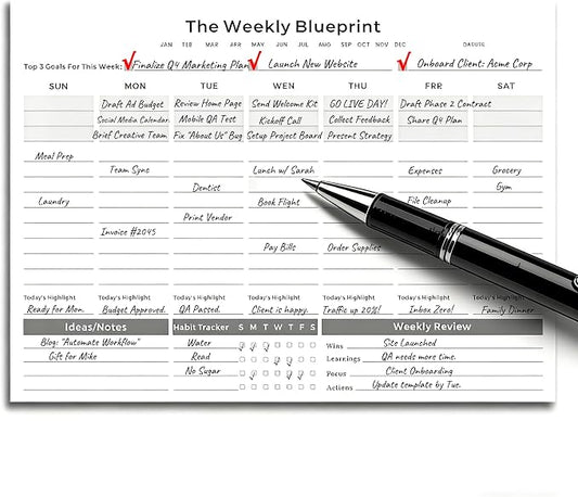 Undated Weekly Planner Pad (8.5"x11") | Productivity Desk Notepad for Focus & Planning | 3-Goal Weekly System for Deep Work | ADHD-Friendly Minimal Layout | Habit Tracker & Weekly Review | 52 Tear-Off Sheets