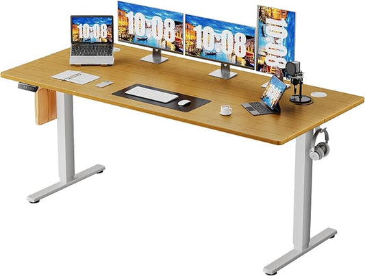Sweetcrispy 63 Inch Electric Standing Desk, Height Adjustable Sit Stand Up Desk, Computer Workstation Home Office Gaming Rising Table with Memory Preset Splice Board, Oak