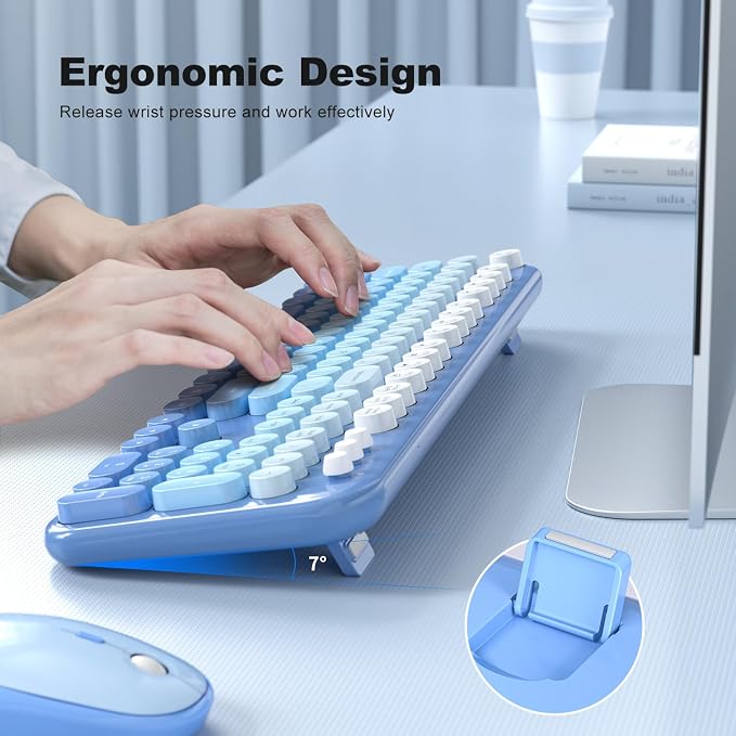 Atelus Wireless Keyboard Mouse Combo, Typewriter Full Size Keyboard with Number Pad and 2 in 1 USB Connected Mouse for PC Computer Laptop Desktop Windows 7 8 10 11 (Blue Colorful)