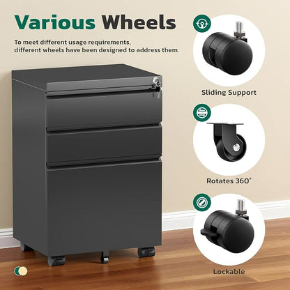 Greenvelly 3 Drawer Mobile File Cabinet with Lock, Fully Assembled Rolling File Cabinet Except Casters, Under Desk File Cabinet with Wheels for Home Office Fit Legal/Letter/A4 File (Assembled, Black)