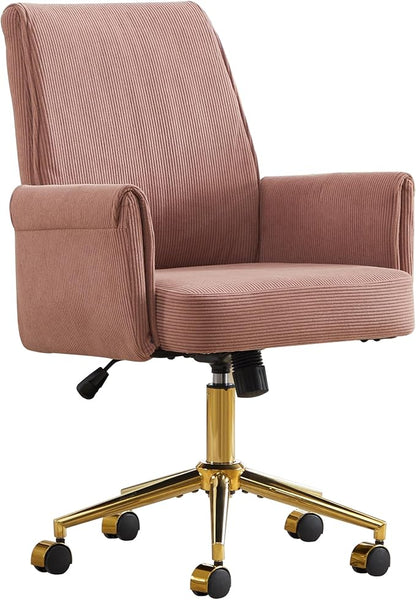 Stripes Velvet Home Office Desk Chair, Accent Upholstered Modern Height Adjustable Swivel Chair with Wheels,Ergonomic Task Chair for Living Room,Bedroom,Vanity,Study,Office（Pink）