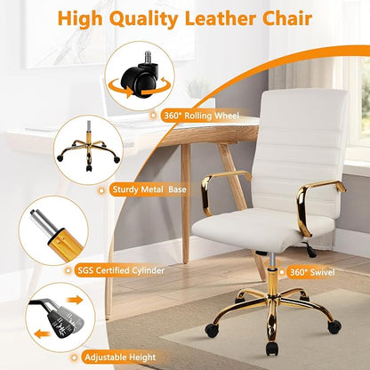 CLATINA White and Gold Office Chair, Leather Executive Computer Desk Chairs with Wheels, Ergonomic Swivel Chairs Task Stools with Arms, Height Adjustable for Home Bedroom Vanity and Living Room