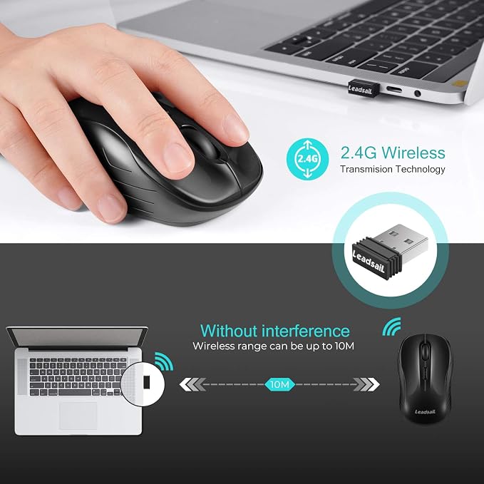 LeadsaiL Wireless Mouse Silent 2.4G USB Computer Compact Optical Cordless Mini Quiet Mice, Noiseless, 4 Buttons, 3 Adjustable DPI Mobile for PC/Laptop/Windows/Mac/Linux