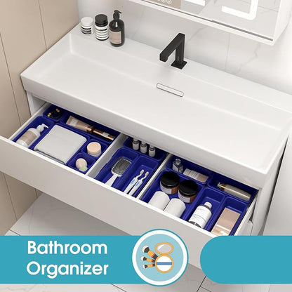 25 PCS Drawer Organizer Set, 4 Size Makeup Drawer Divider Organizer With Non-Slip Pads, Interlocking Plastic Storage Bins for Office,Jewelry Vanity,Gadgets, Bathroom,Kitchen, Navy