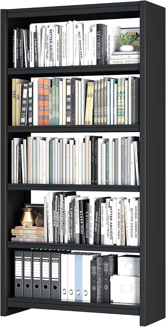 Bookshelf, 5 Shelf Bookcases, Tall Bookcase for Heavy Books, CDs, Movies, Garage Kit, Modern Display Shelf for Library Home Office Bderoom Living Room, Metal Bookshelves Industrial Black