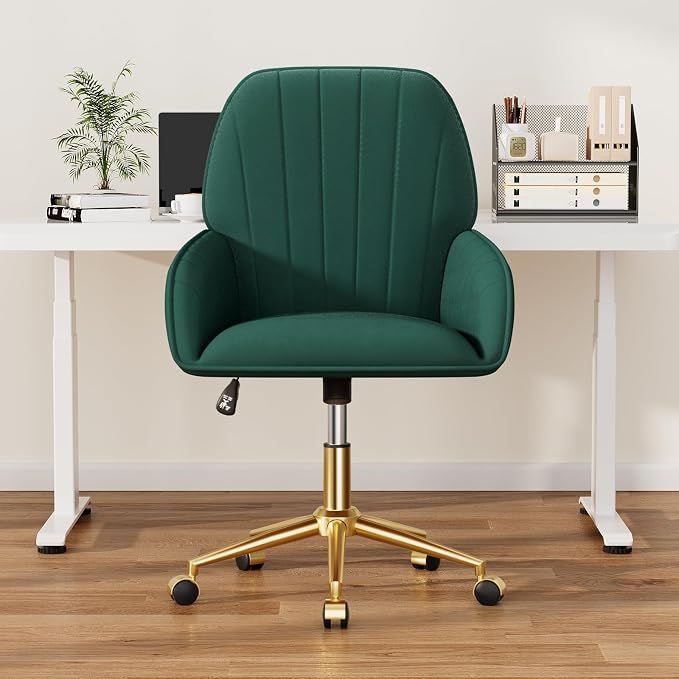 Home Office Desk Chair Comfy with Adjustable Swivel Wheels, Modern Velvet Makeup Vanity Chair with Back & Pillow, Ergonomic Office Chair Computer Task Chair for Living Room, Bedroom, Green