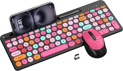 Colorful Wireless Keyboard and Mouse Combo - Round Keycaps, 2.4GHz Retro Typewriter Keyboard with Number Pad, Cute Compact USB Keyboard and Mouse for Computer PC Desktop Laptop (Pink & Black Colorful)