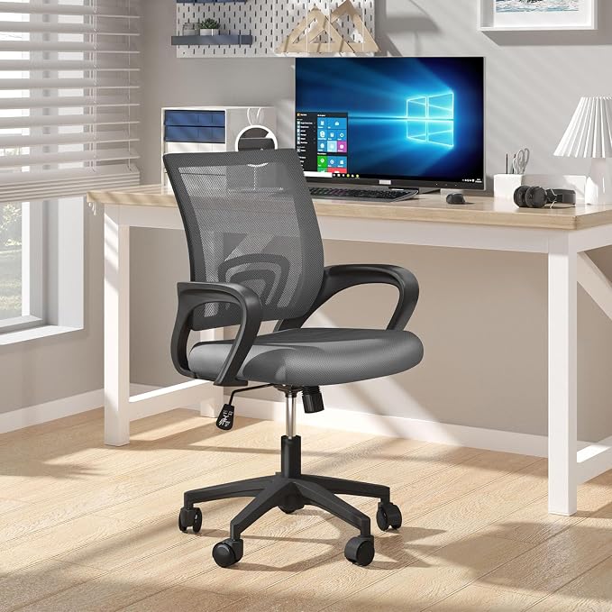 OS MOTOR Home Office Chair, Ergonomic Mid-Back Mesh Desk Chair with Lumbar Support, Adjustable Swivel Rolling Design, Comfy Armrest for Work, Study, Gaming, Vanity (Light Gray, Single Chair)