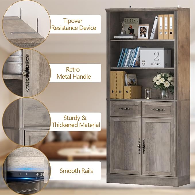 Thacuok 72'' Tall Bookcase with Doors and Drawers, Adjustable Shelves, P2 MDF Construction, 32'' Wide Freestanding Cabinet with Metal Handles, Hidden Storage for Living Room, Bedroom