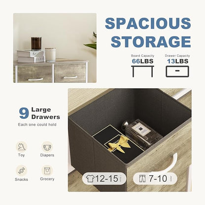 DUMOS Dresser for Bedroom, Storage Organizer with 9 Drawers, Chest of Drawers with Fabric Bins, Sturdy Metal Frame, Wood Tabletop for Guest Room, Closet, Entryway, Oak