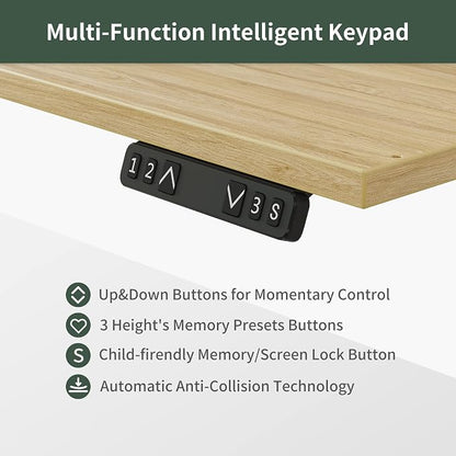 FEZIBO 63"x49" L Shaped Standing Desk with LED Strip & 2 Drawers, Upper and Lower Storage Shelves Available, Electric Height Adjustable, for Gaming, Office, Natural（2 Packages）