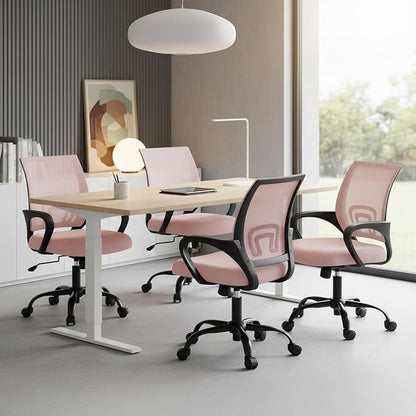 DUMOS Home Office Chair - Ergonomic Mid Back Mesh Desk Chair with Lumbar Support & Rocking Mode, Height Adjustable with Fixed Armrest, for Computer, Gaming, Meeting, Pink, 2 Pack