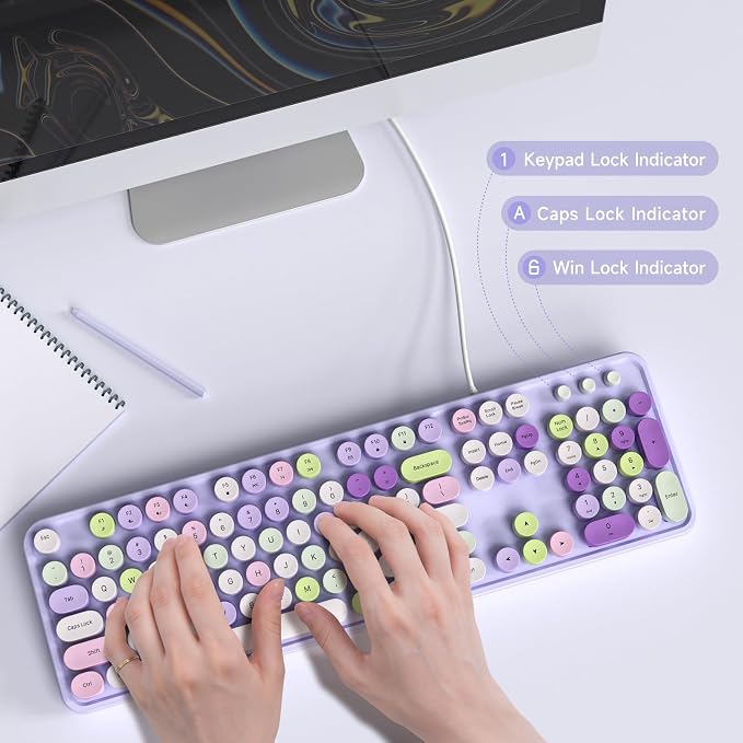 MOWUX Computer Keyboard Wired, Plug and Play USB Retro Round Typewriter Keyboard, Full Size Wired Keyboard with Foldable Stands for Laptop and Office PC- Purple Colorful