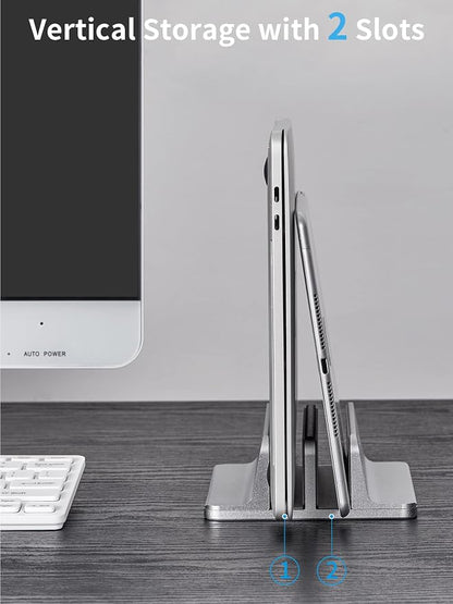 JARLINK Vertical Laptop Stand Holder, Aluminum Double Desktop Stand Holder with Adjustable Dock (Up to 17.3 inch), Compatible with MacBook, Surface, Chromebook, and Gaming Laptops, Grey